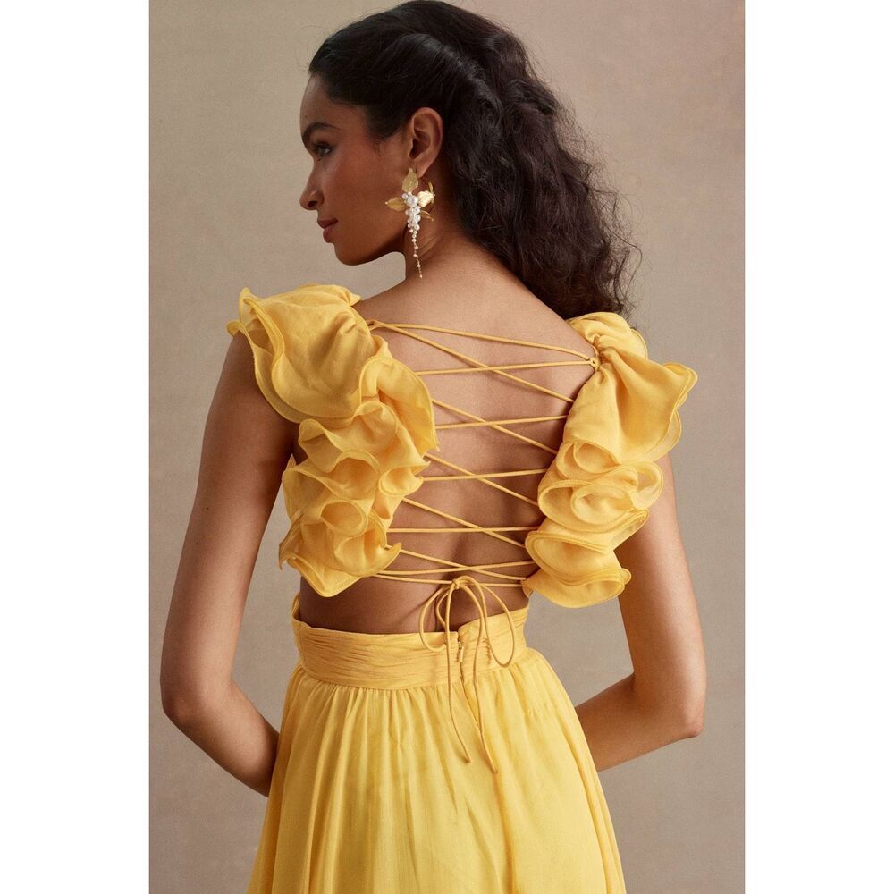 Mac Duggal Womens Chiffon Ruffle Sleeve V Neck A-Line Gown Marigold Size 10 - Picture 4 of 14